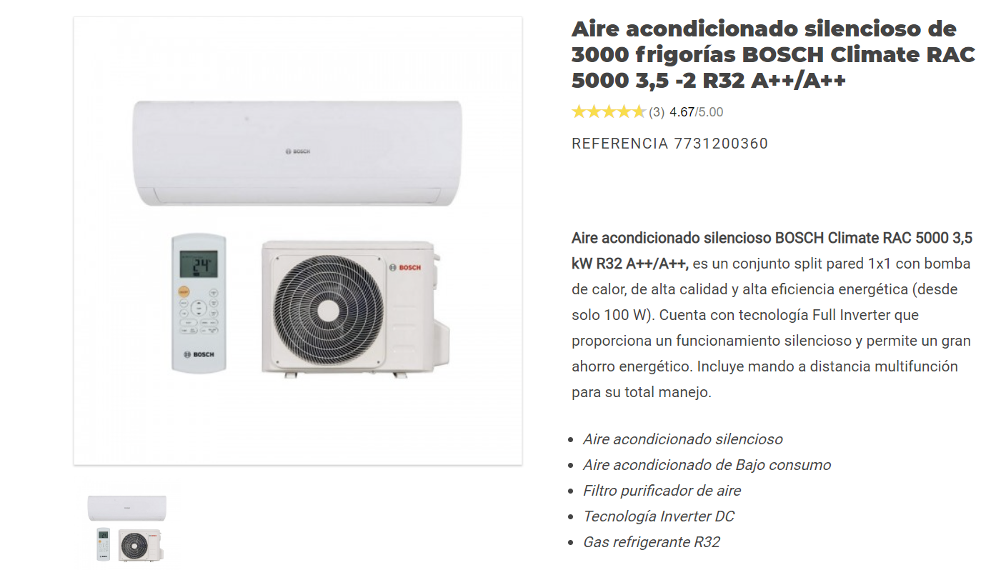 AIRE ACONDICIONADO DE 3000 FRIGORÍAS BOSCH CLIMATE 5000 - SET 35 WE R32  CLASE ENERGÉTICA A - Sumifon Clima