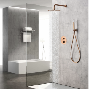 CONJUNTO DE DUCHA TERMOSTÁTICO EMPOTRADO ORO ROSA CEPILLADO SERIE MONZA