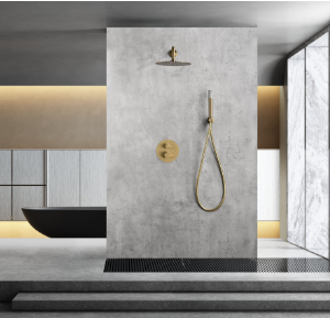 CONJUNTO DE DUCHA TERMOSTÁTICO EMPOTRADO ORO CEPILLADO SERIE MONZA