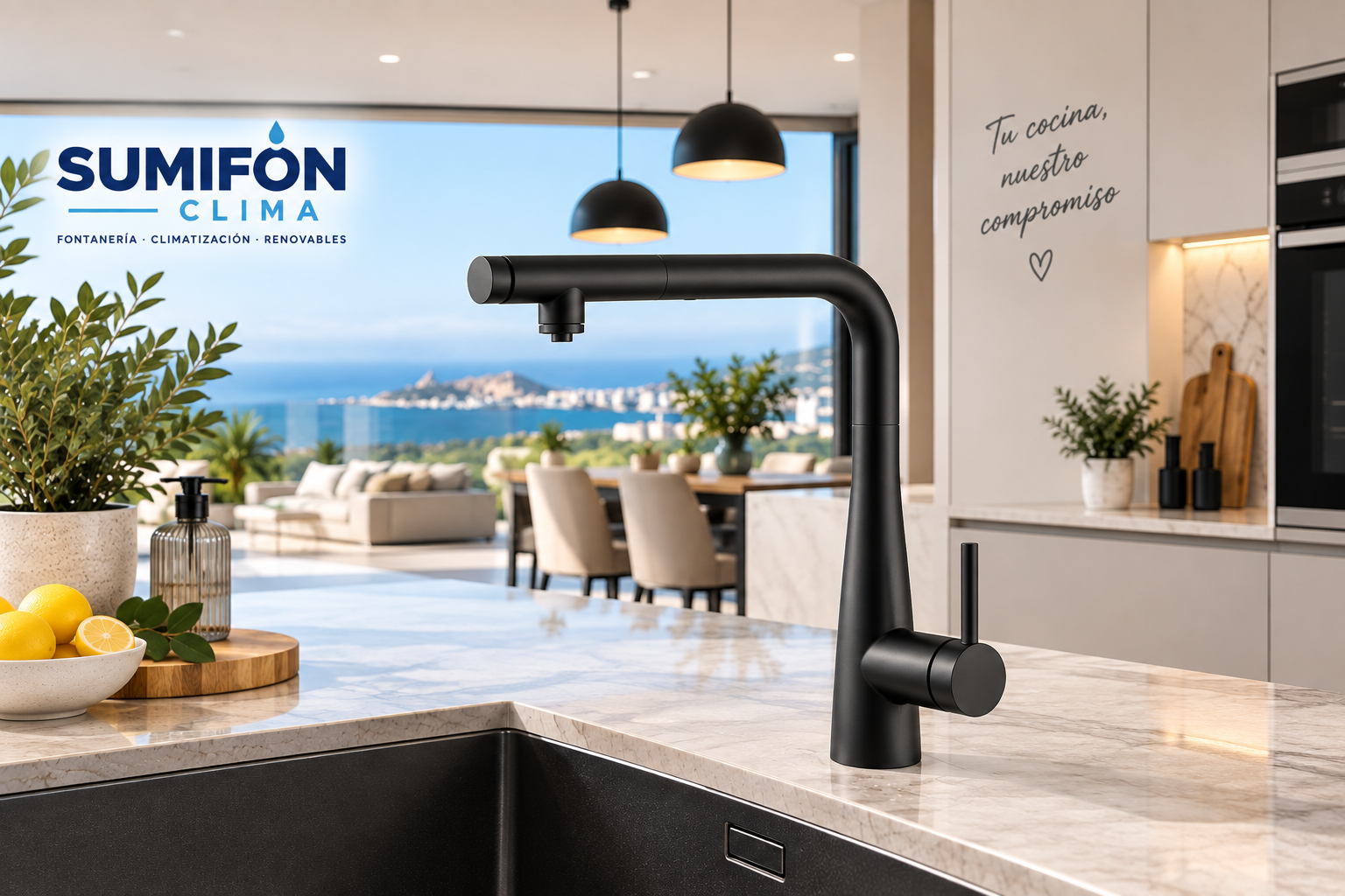 Grifo ósmosis IMEX SPLIT negro GOS005/NG en cocina americana moderna