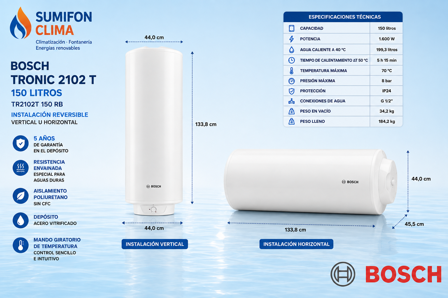 Bosch Tronic 2102 T 150 litros – Termo eléctrico reversible - Imagen 5