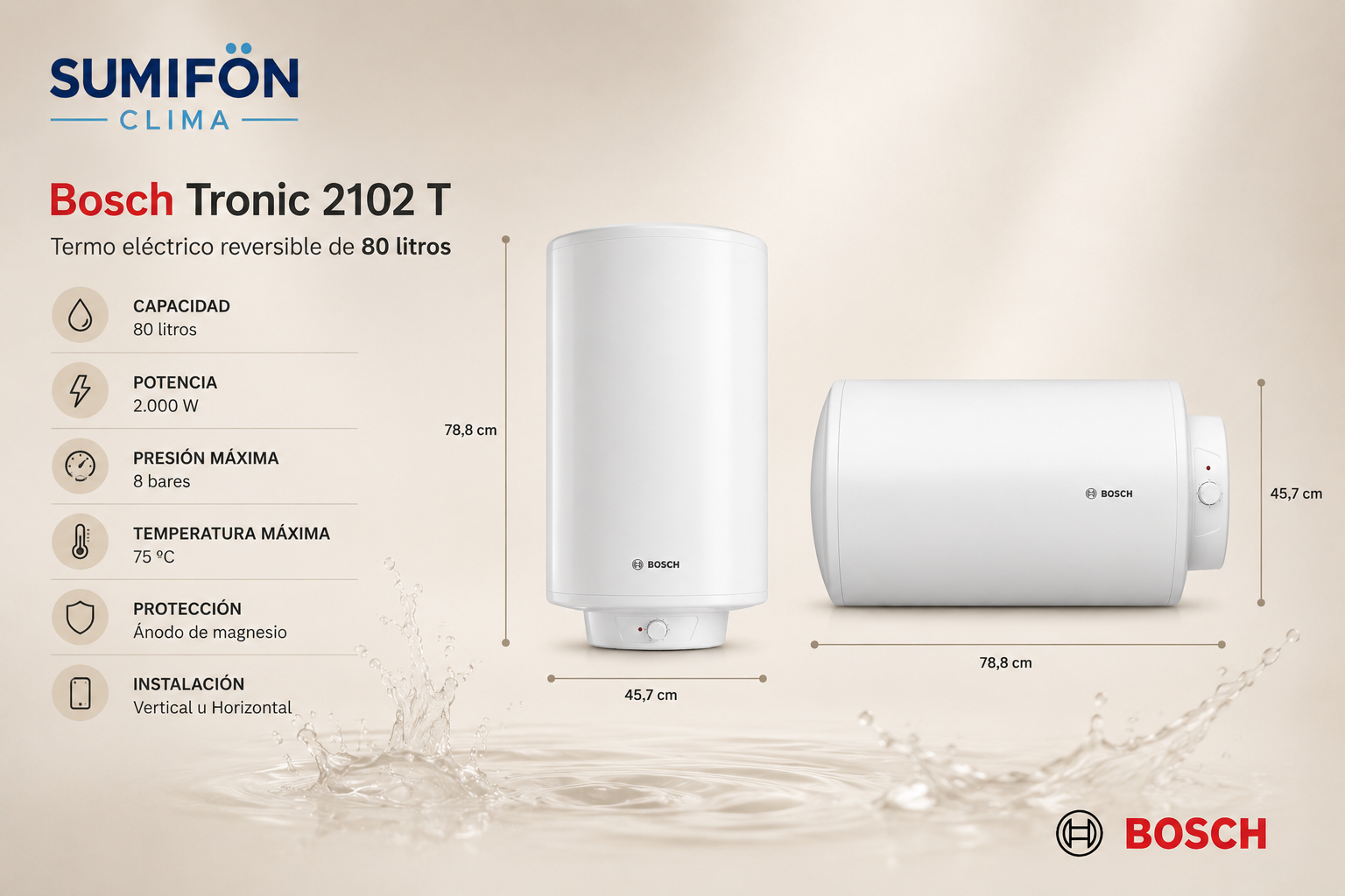 Bosch Tronic 2102 T 80 litros – Termo eléctrico reversible - Imagen 4