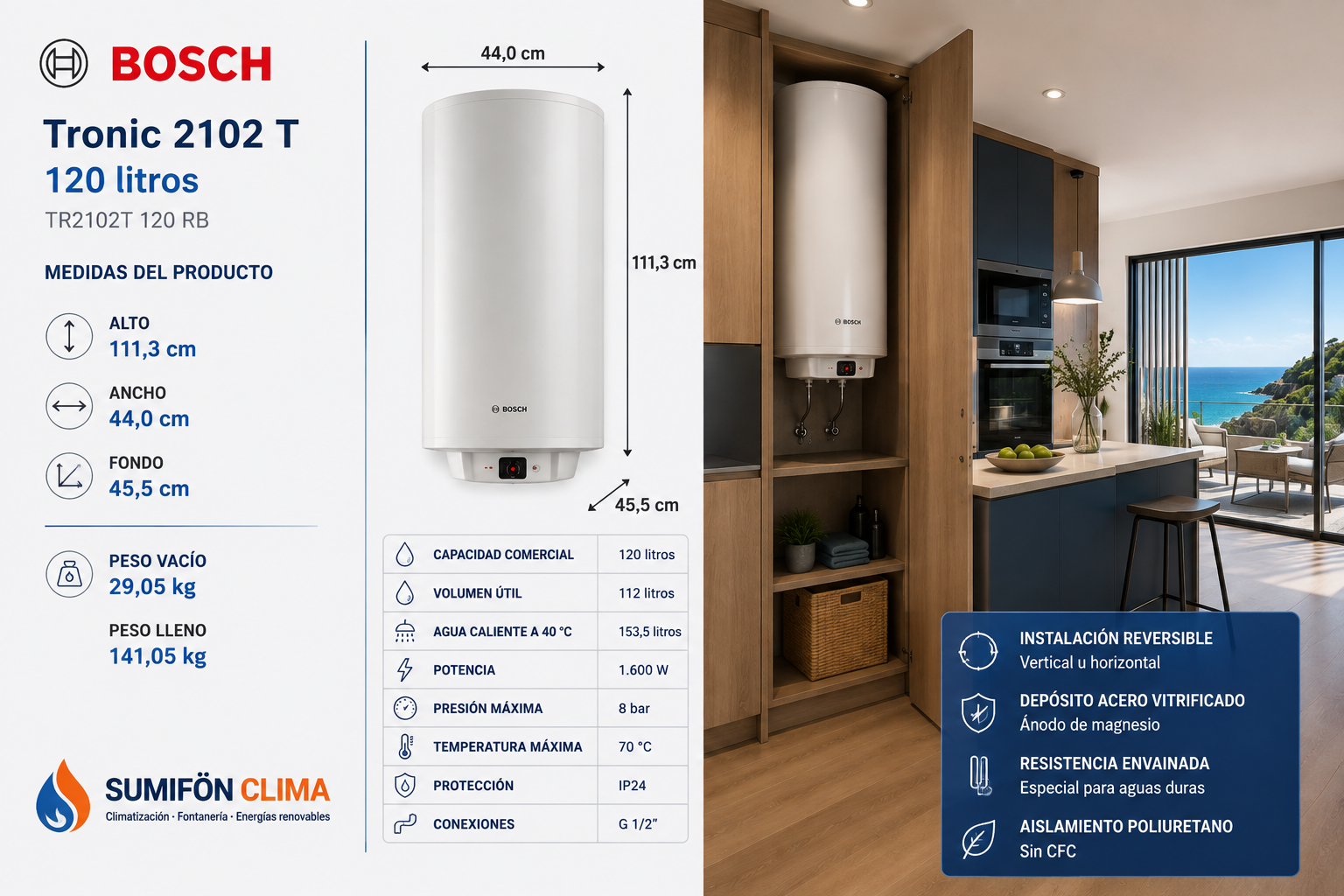 Bosch Tronic 2102 T 120 litros – Termo eléctrico reversible - Imagen 3