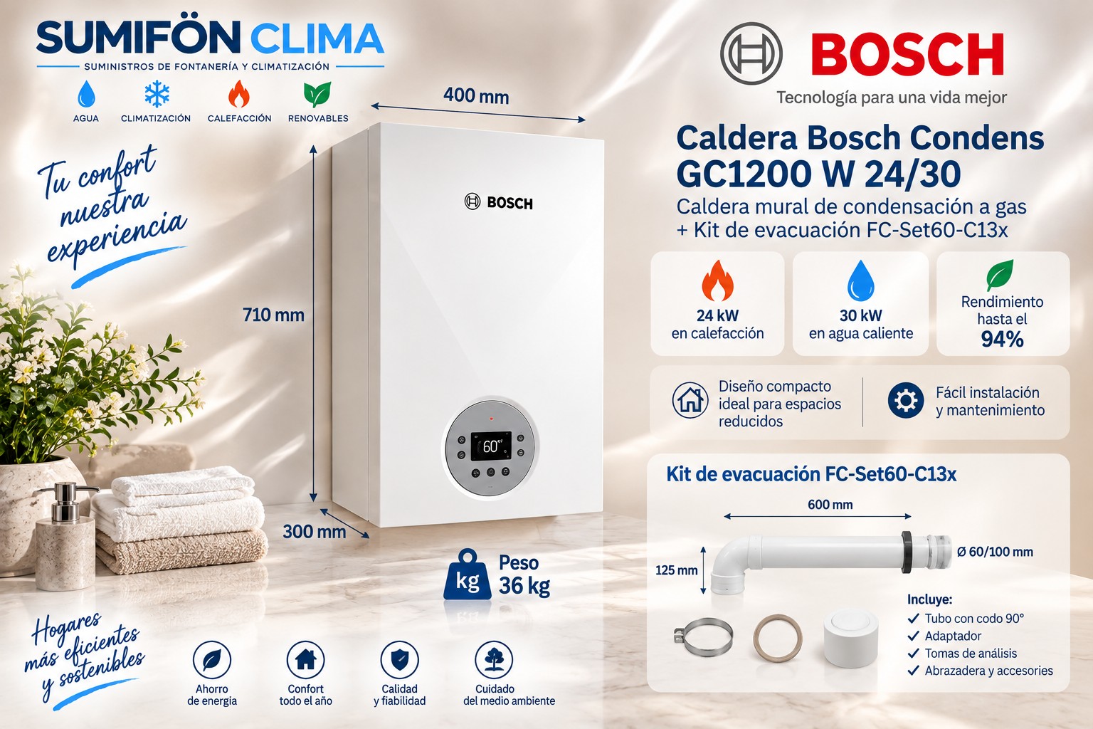 Caldera Bosch Condens GC1200 W 24/30 + kit de evacuación FC-Set60-C13x - Imagen 6